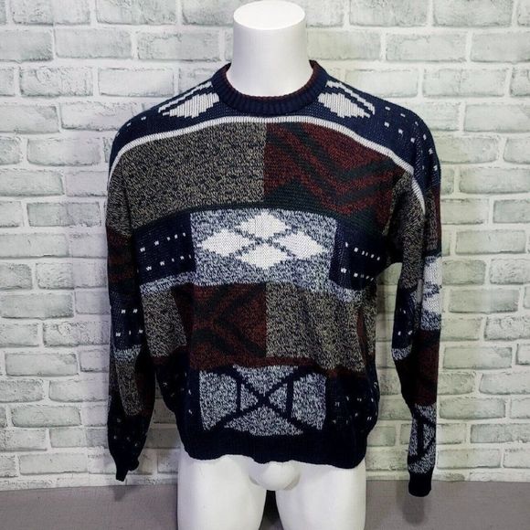 Vintage 80s 90s Expressions Mens XL Abstract Geo Knit‎ Pullover Ski Sweater - Picture 1 of 8